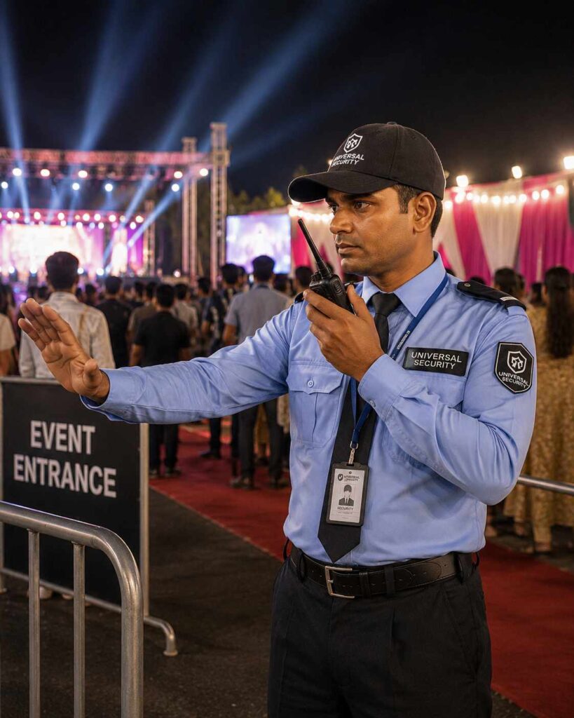 Professional event security guard managing guest entry and crowd control at a large public event, providing safe and reliable event security services in Indore.
