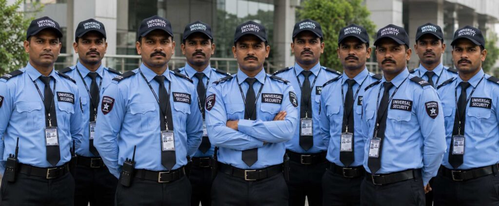 Group of professional Universal Security private security guards in blue uniforms standing together outside a modern commercial building in India.