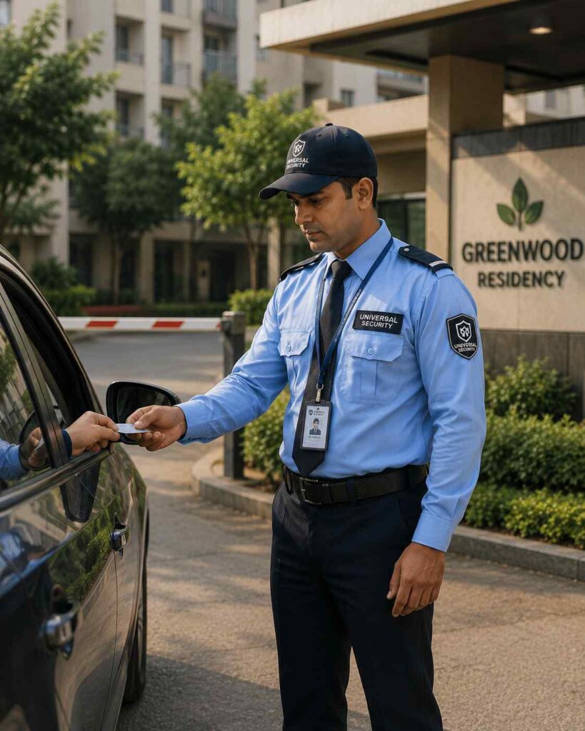 Professional residential security guard verifying visitor access at a gated apartment community, ensuring safe and secure entry for residents in Indore.